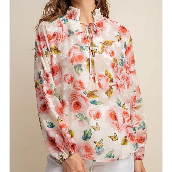 NWT CHIFFON BIG ROSE BUTTERFLY PRINTED SMOCKED DETAIL BLOUSE - Picture 4 of 5